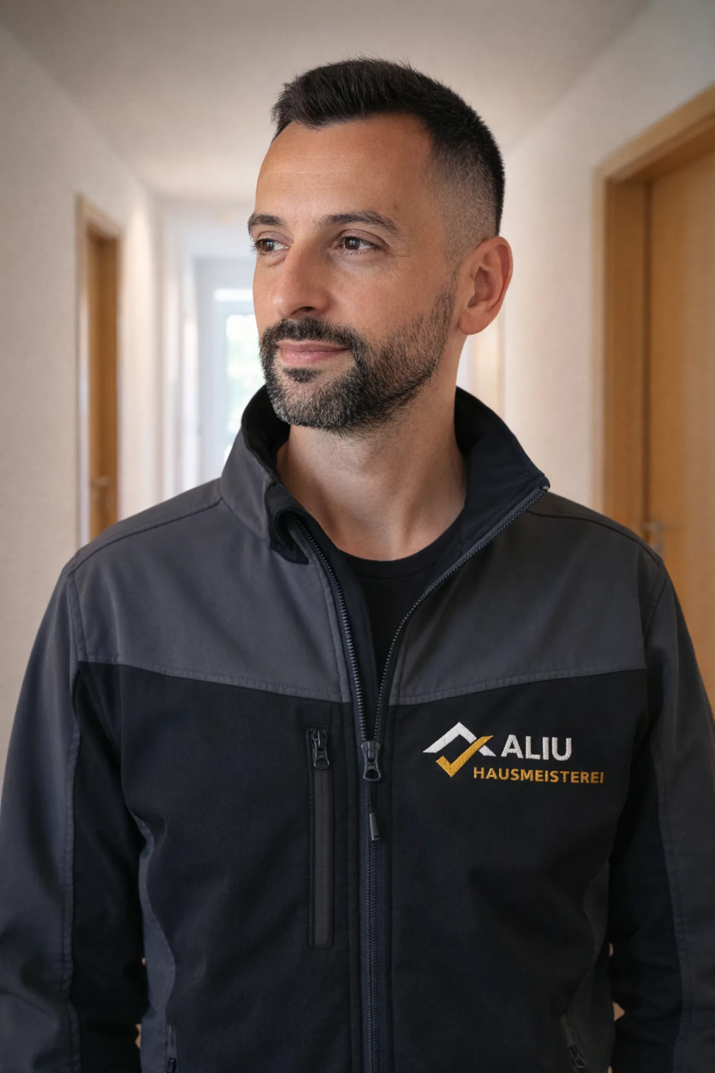 Enver Aliu, Inhaber der Aliu Hausmeisterei, in Arbeitskleidung in Landau a.d. Isar