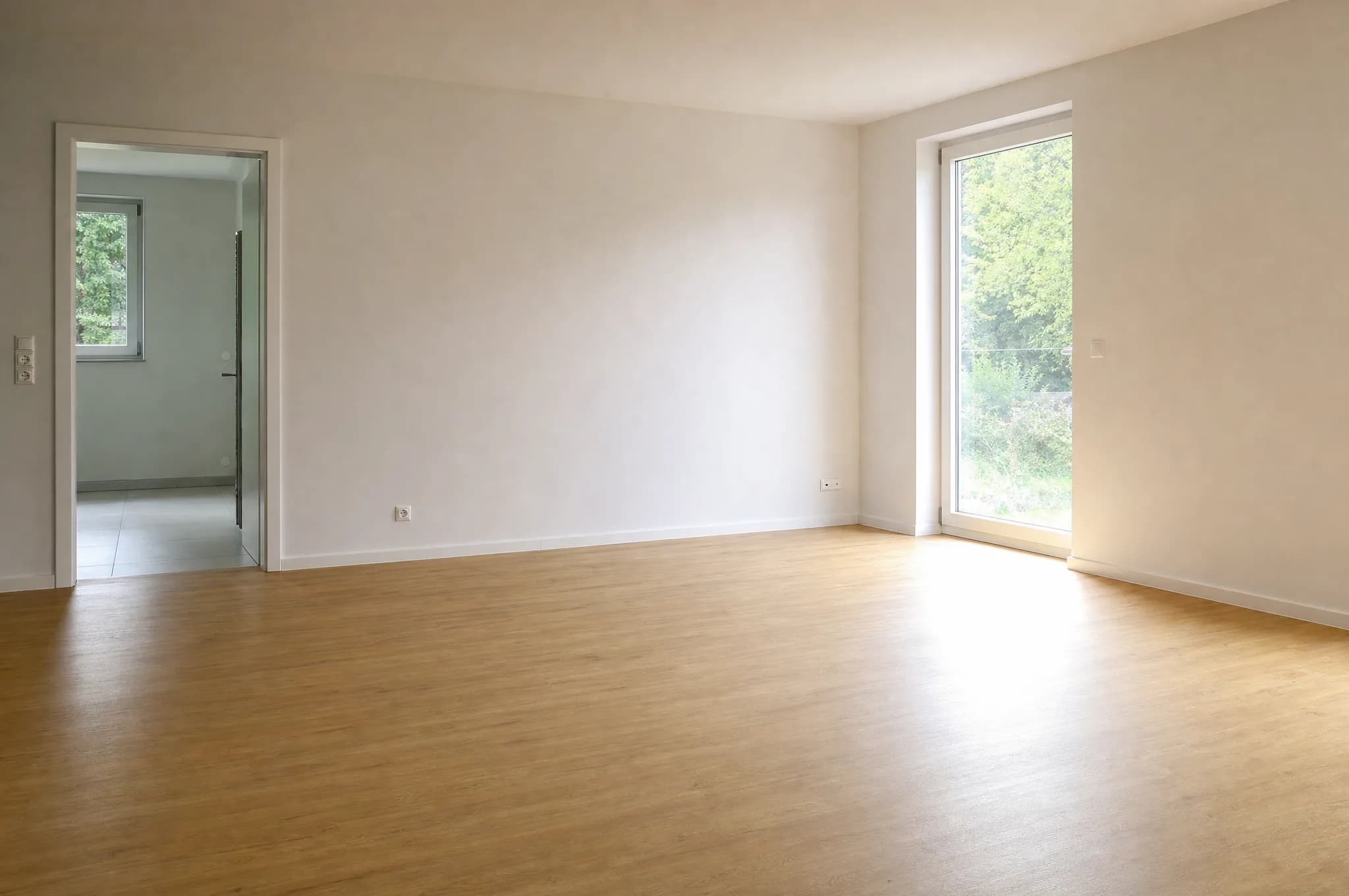 Besenrein übergebener, lichtdurchfluteter Raum mit Holzboden