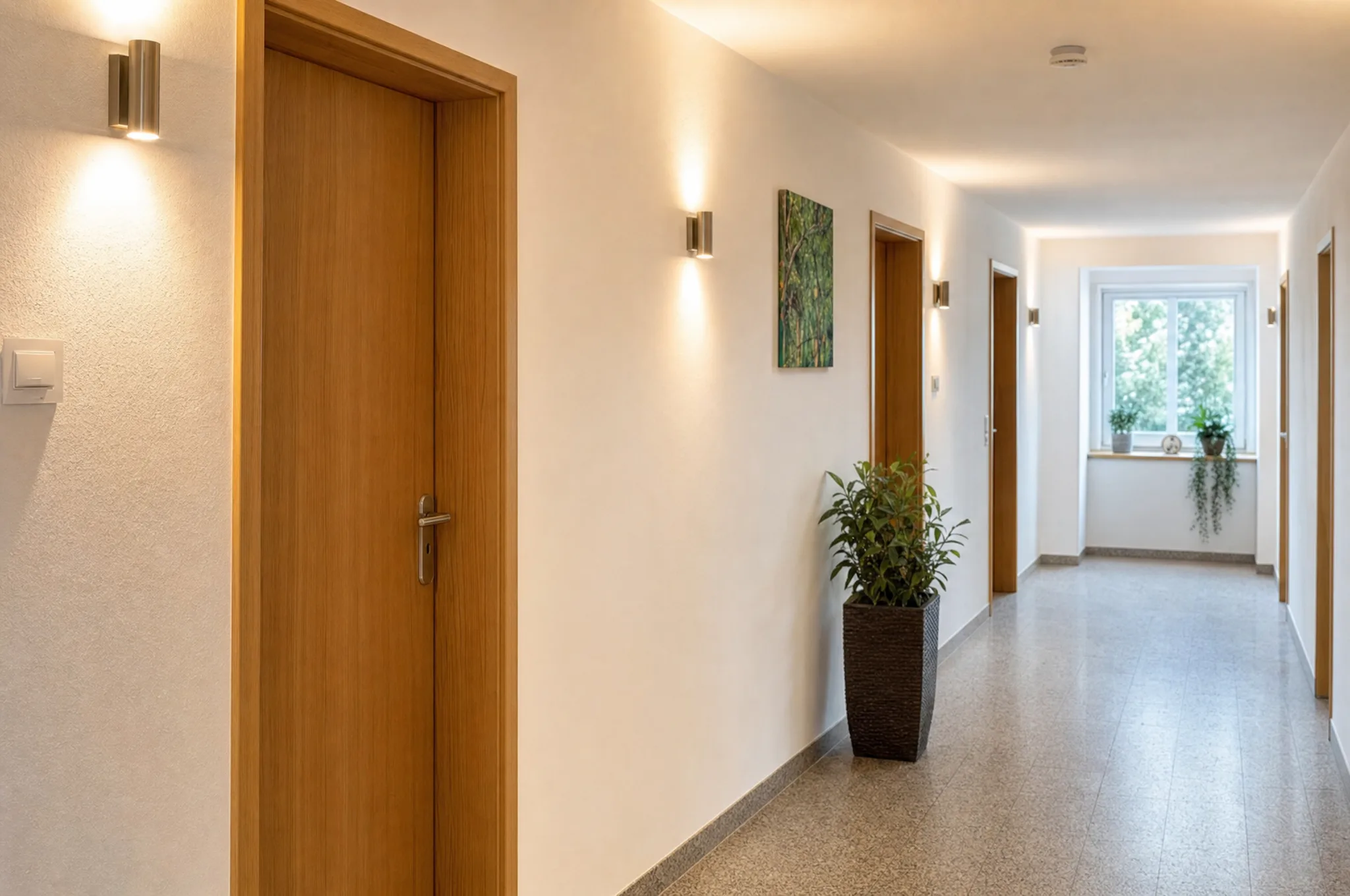 Ordentlich instand gehaltener Hausflur mit funktionierender Beleuchtung