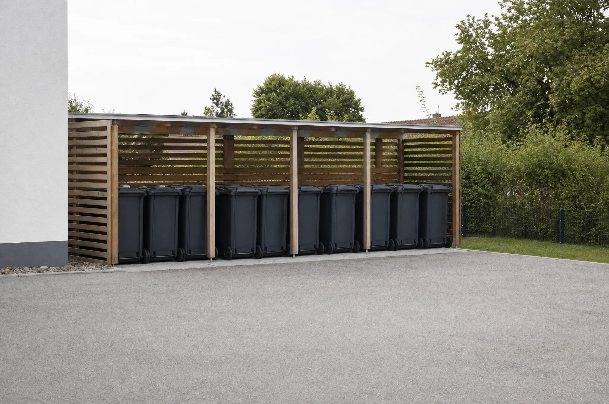 Aufgeräumter Müllplatz einer Wohnanlage mit ordentlich gestellten Tonnen