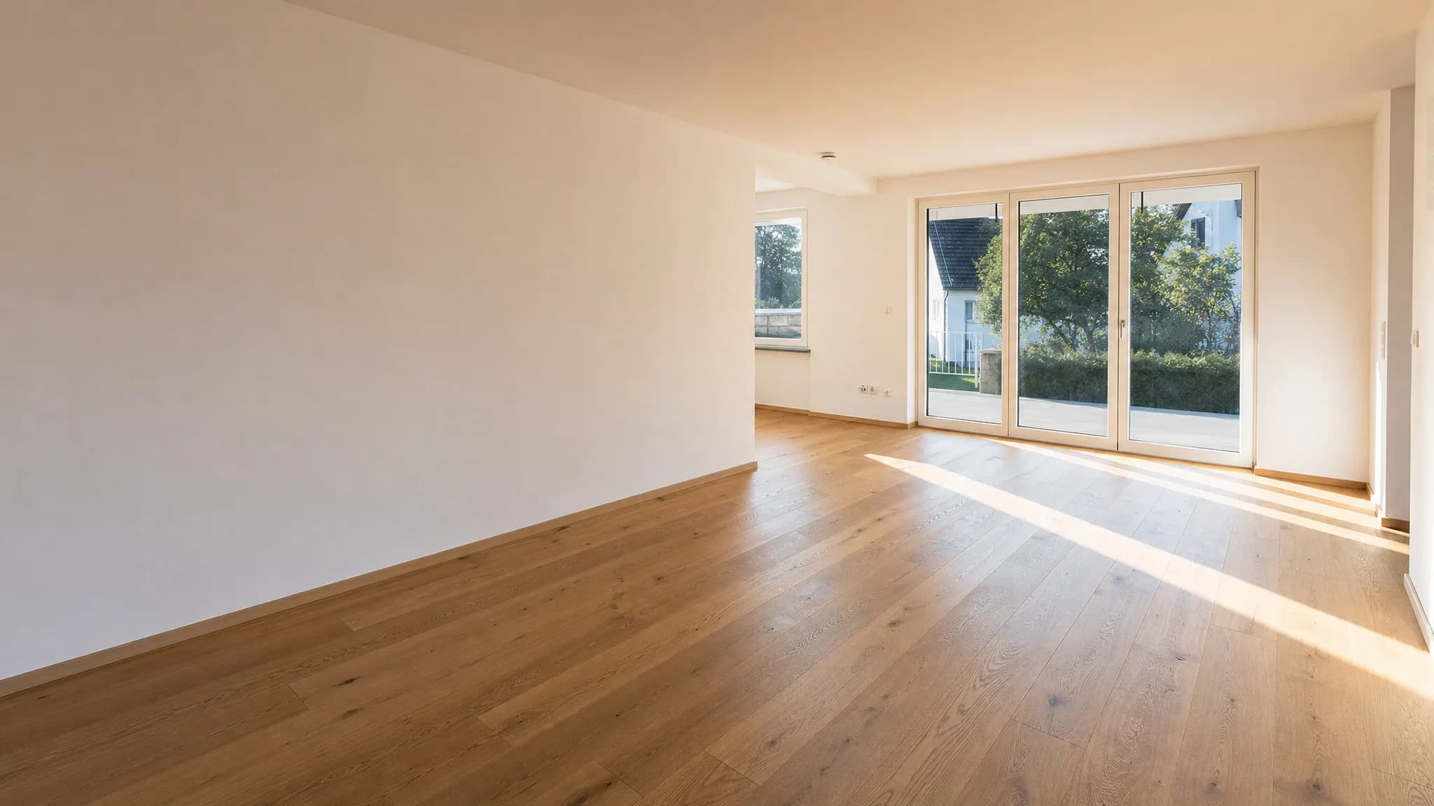 Neu verlegter Boden in einem lichtdurchfluteten, frisch renovierten Raum