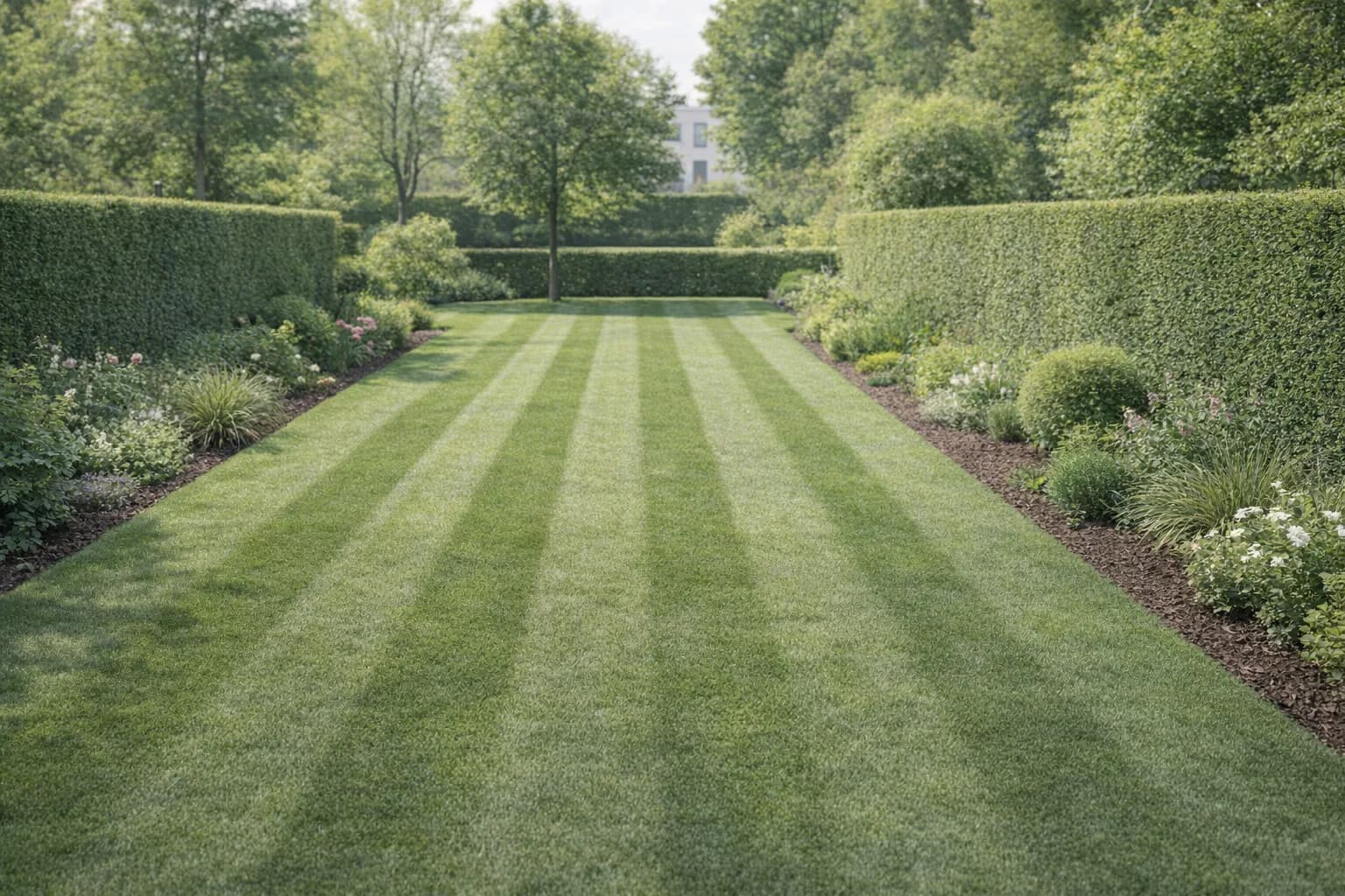 Frisch gemähter Rasen mit sauber geschnittener Hecke
