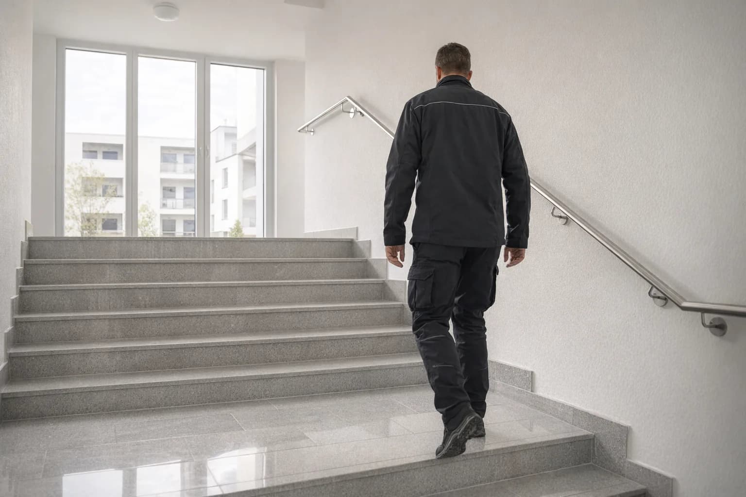 Helles, frisch gereinigtes Treppenhaus mit Handlauf