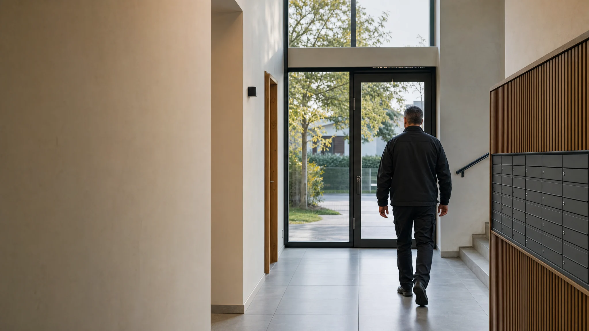 Hausmeisterservice in einem gepflegten Eingangsbereich mit Briefkastenanlage und anonymer Rückenansicht